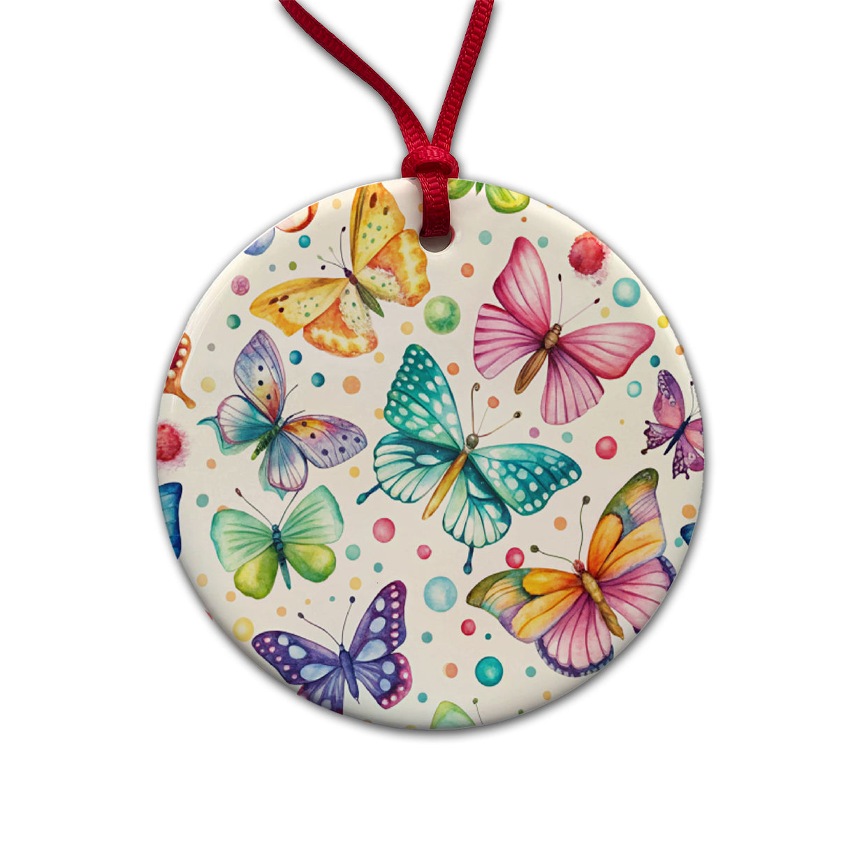 Butterflies Polka Dots Watercolor Round Ceramic Holiday Christmas Tree Ornament