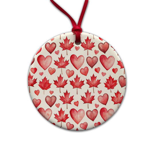 Canada Flags Maple Leaf Hearts Watercolor Round Ceramic Holiday Christmas Tree Ornament