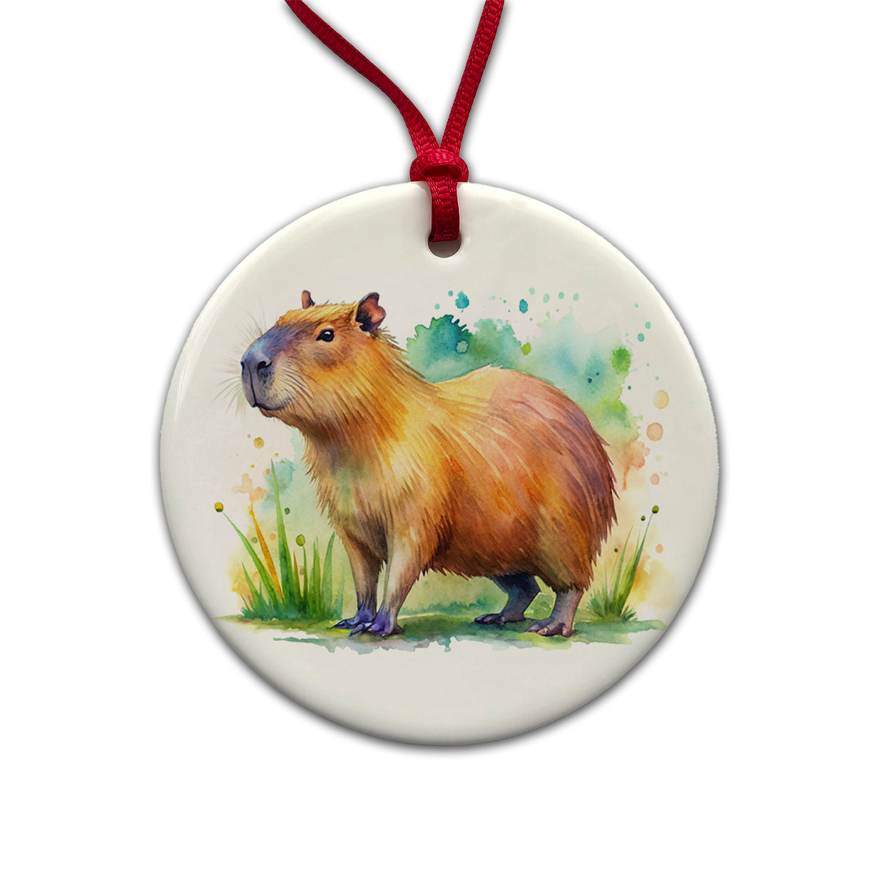 Capybara Watercolor Round Ceramic Holiday Christmas Tree Ornament