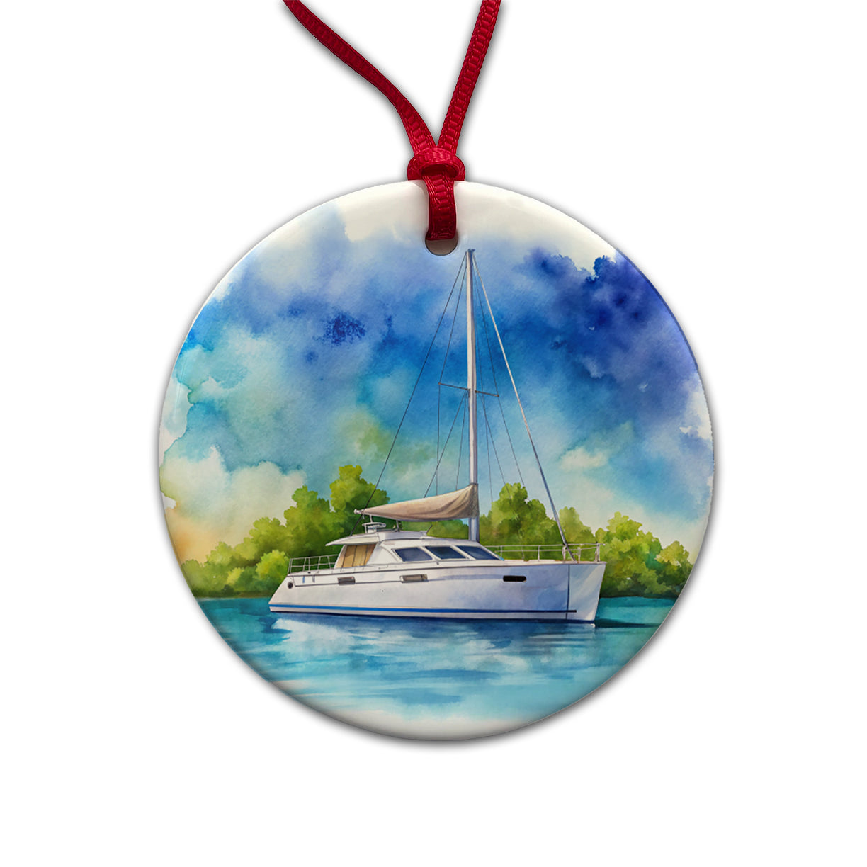 Catamaran At Sea Watercolor Design Round Ceramic Holiday Christmas Tree Ornament