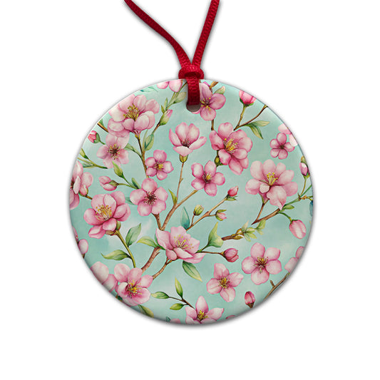 Cherry Blossom Flowers Light Blue Round Ceramic Holiday Christmas Tree Ornament
