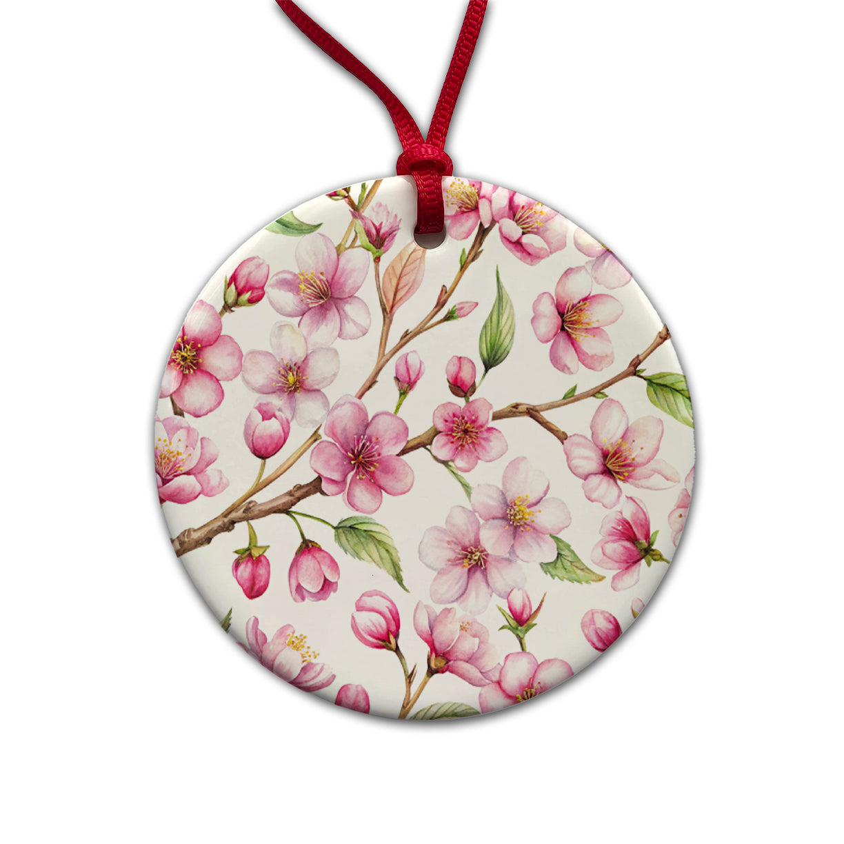 Cherry Blossom Flowers White Round Ceramic Holiday Christmas Tree Ornament