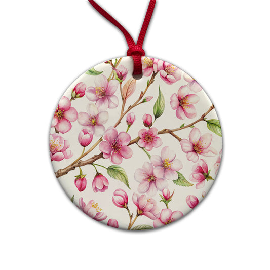 Cherry Blossom Flowers White Round Ceramic Holiday Christmas Tree Ornament