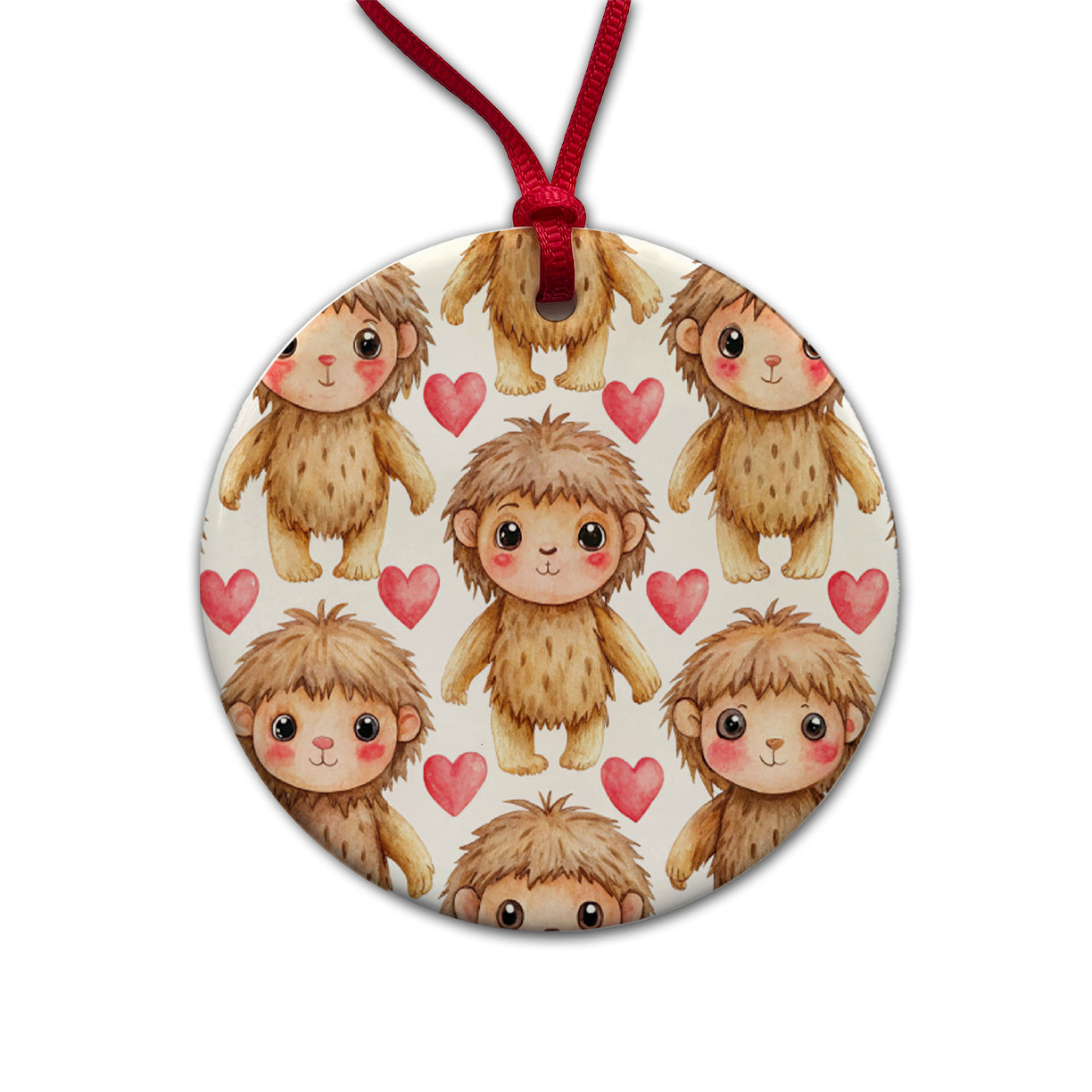Chibi Sasquatch Big Foot Hearts Watercolor Round Ceramic Holiday Christmas Tree Ornament