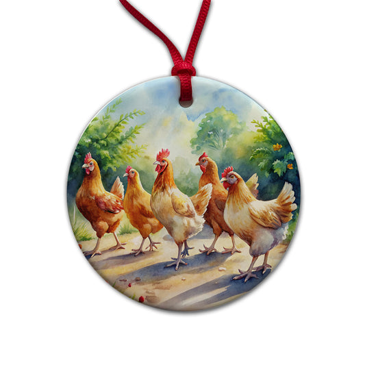 Chickens Walking Around Watercolor Round Ceramic Holiday Christmas Tree Ornament