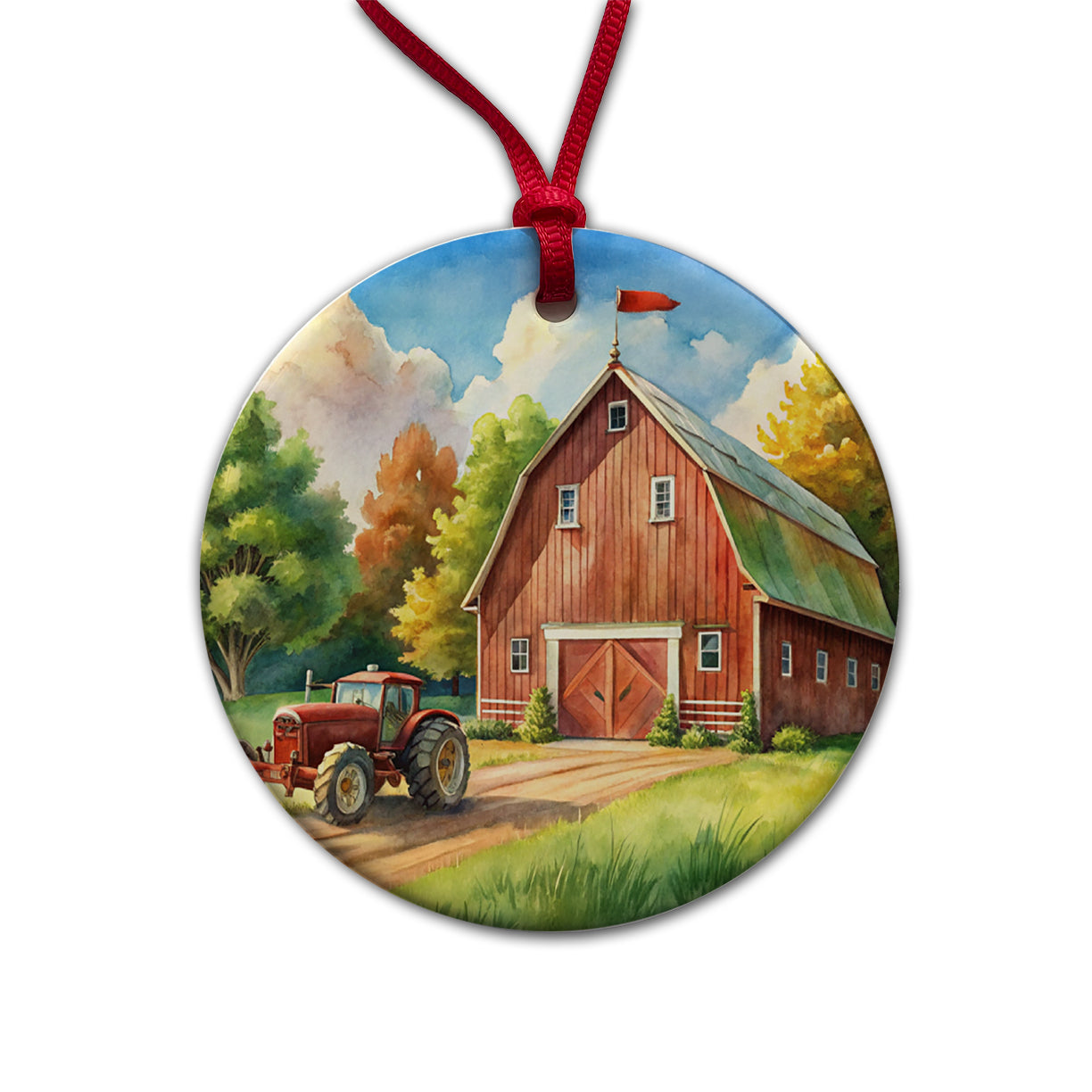 Classic Barn Tractor Watercolor Design Round Ceramic Holiday Christmas Tree Ornament