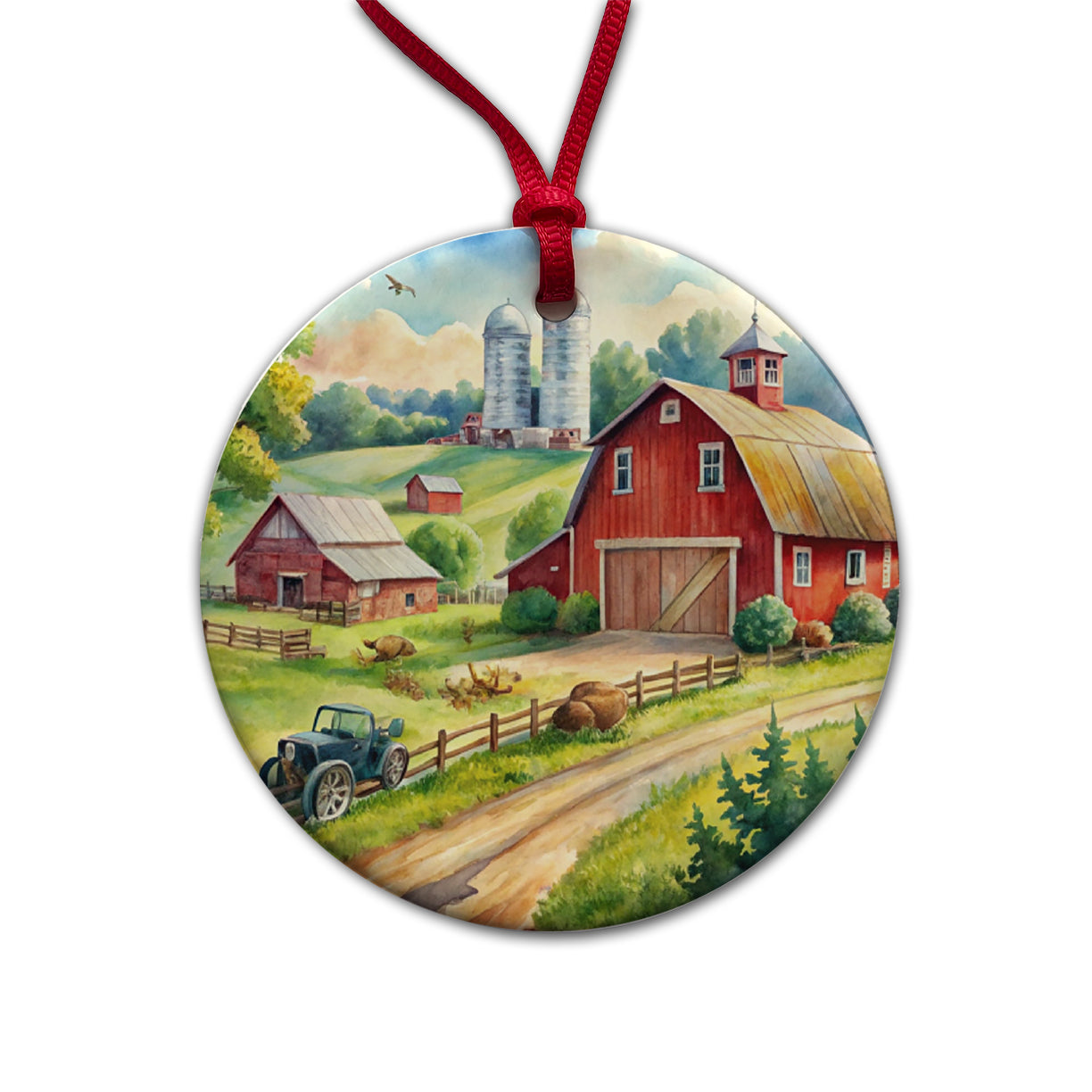Classic Farm Watercolor Design Round Ceramic Holiday Christmas Tree Ornament