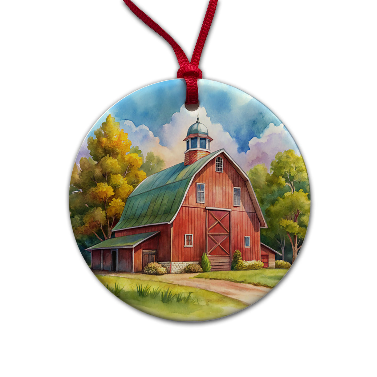 Classic Red Barn Watercolor Round Ceramic Holiday Christmas Tree Ornament