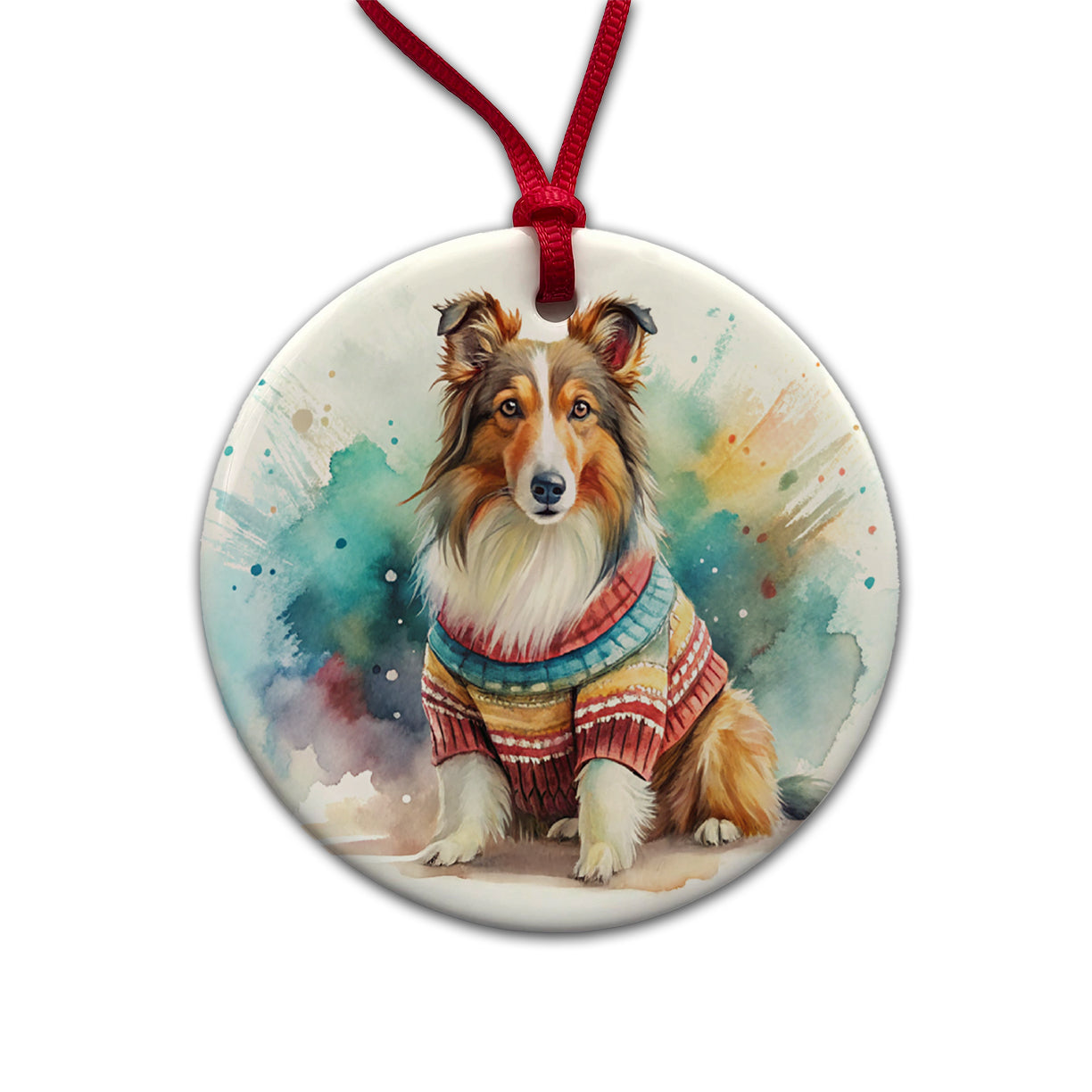 Collie Dog Wearing A Sweater Watercolor Round Ceramic Holiday Christmas Tree Ornament