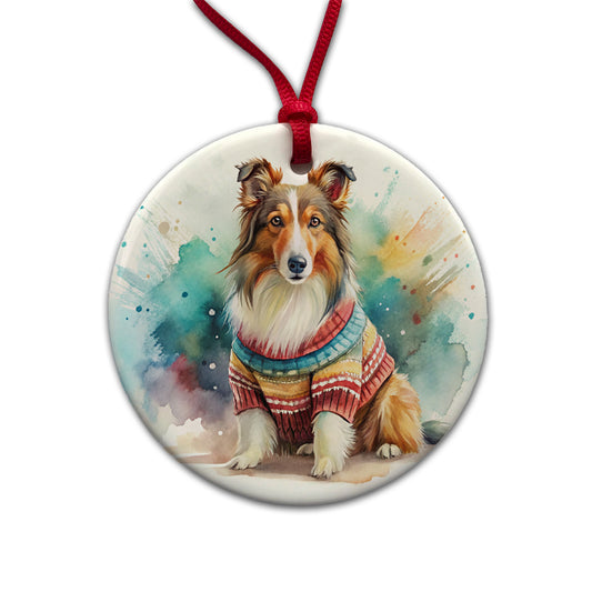 Collie Dog Wearing A Sweater Watercolor Round Ceramic Holiday Christmas Tree Ornament