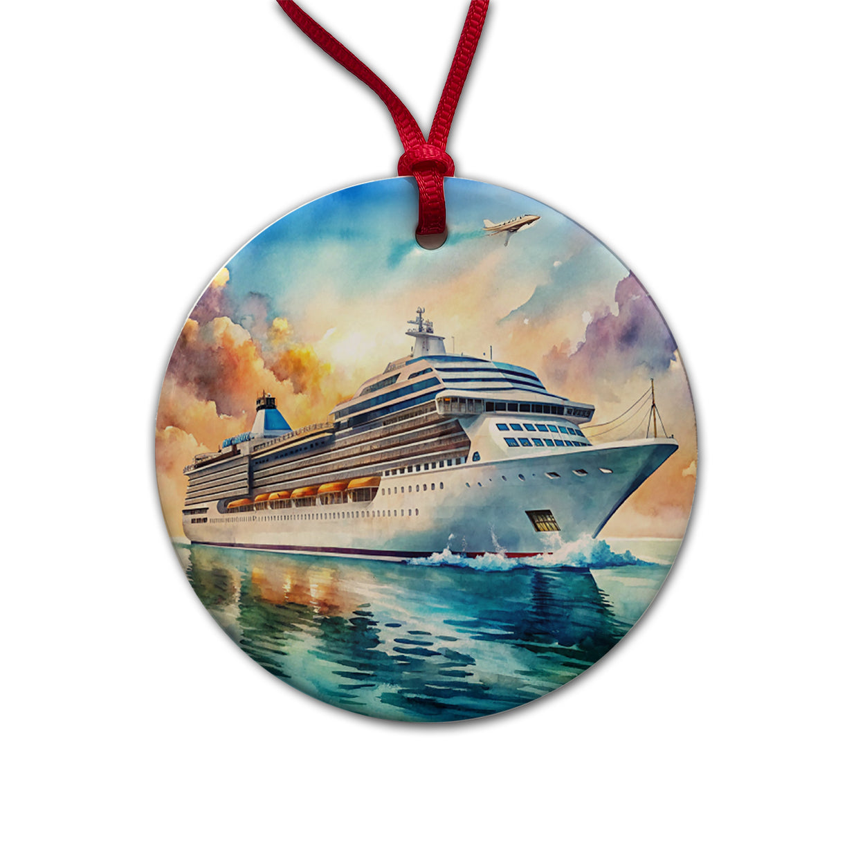 Cruise Ship At Sea Bon Voyage Watercolor Round Ceramic Holiday Christmas Tree Ornament