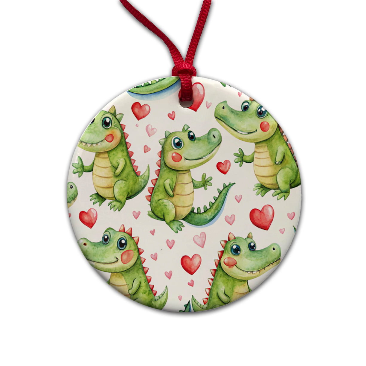 Cute Alligator Crocodiles Hearts Watercolor Round Ceramic Holiday Christmas Tree Ornament
