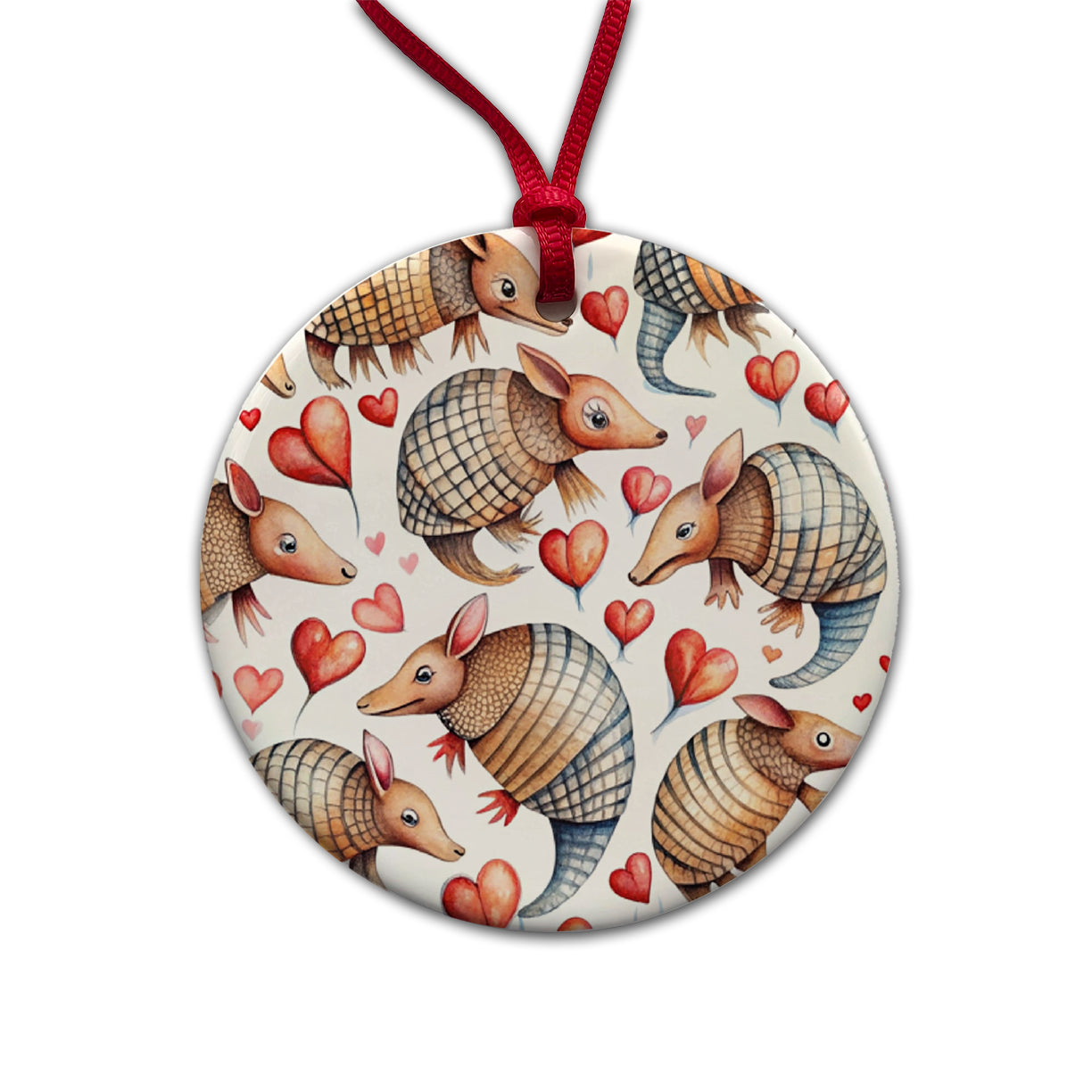 Cute Armadillos Hearts Watercolor Round Ceramic Holiday Christmas Tree Ornament