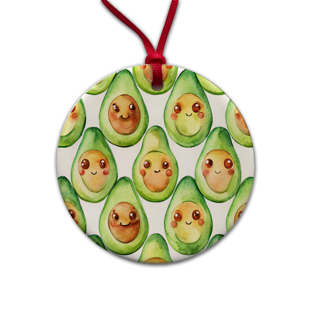 Cute Avocado Faces Watercolor Round Ceramic Holiday Christmas Tree Ornament