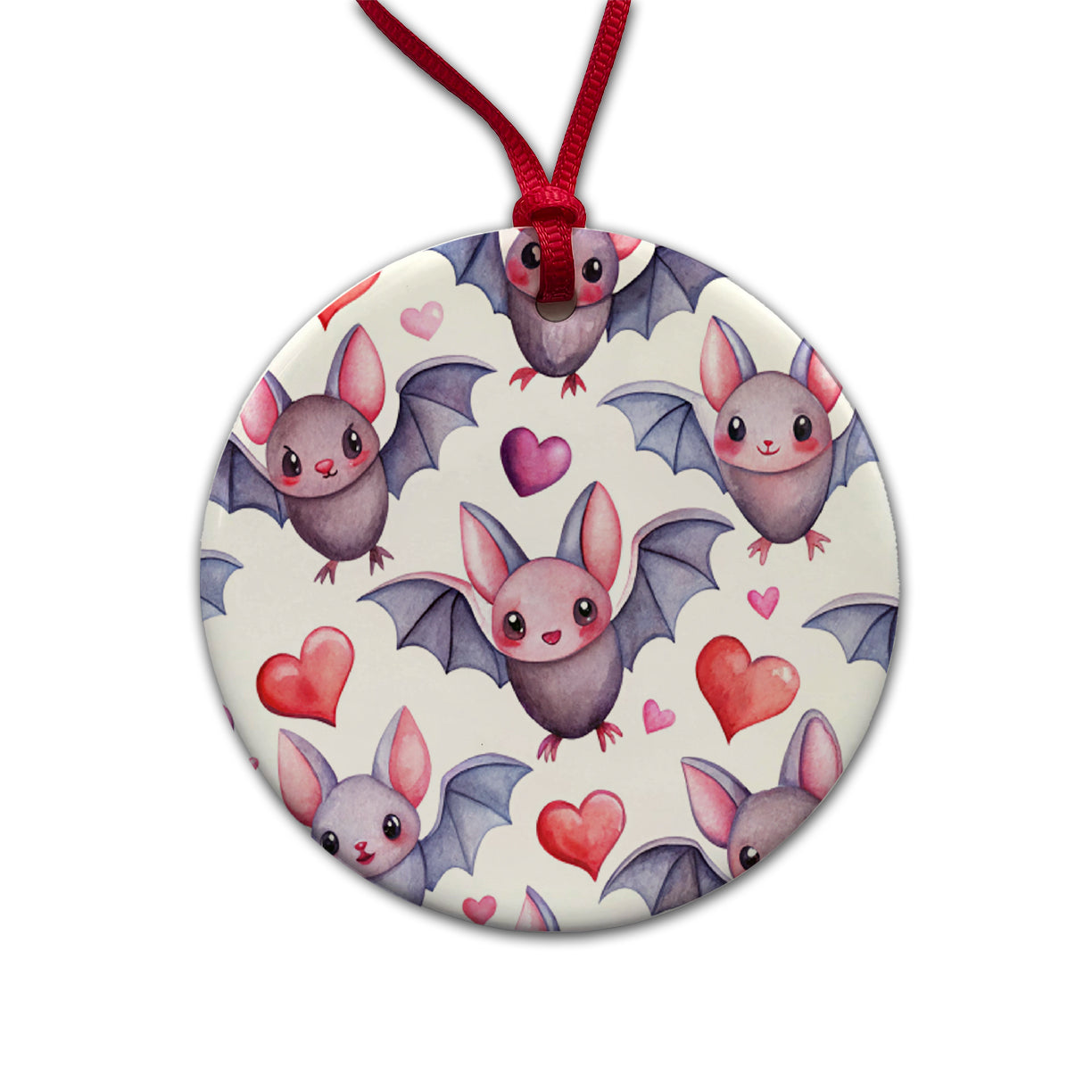 Cute Bats Hearts Watercolor Round Ceramic Holiday Christmas Tree Ornament