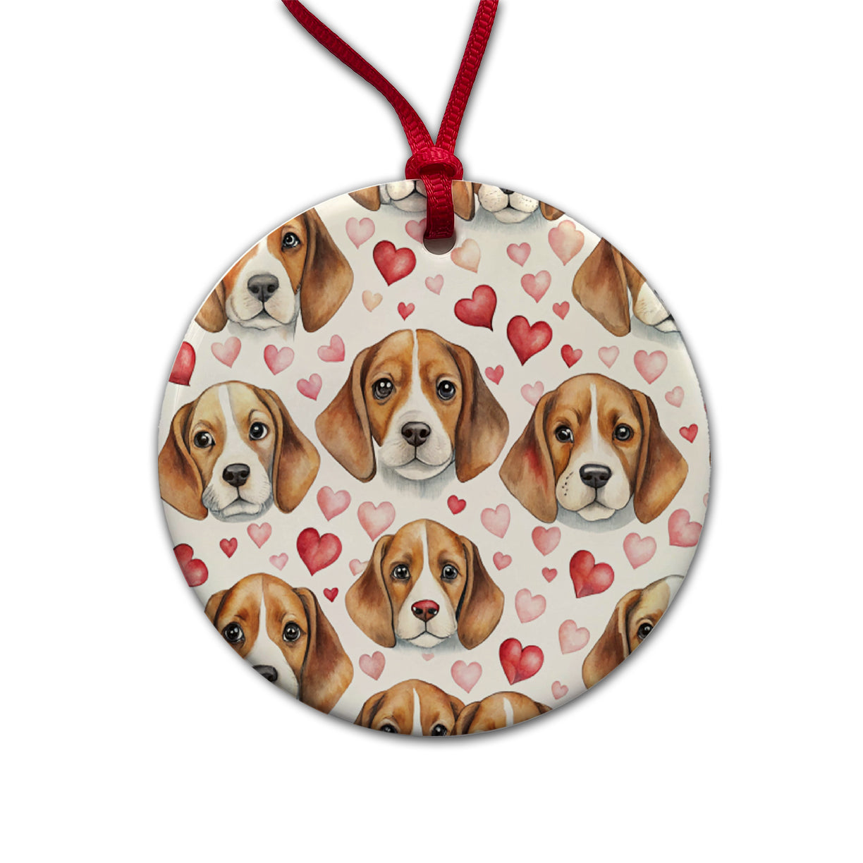 Cute Beagle Dog Faces Hearts Round Ceramic Holiday Christmas Tree Ornament