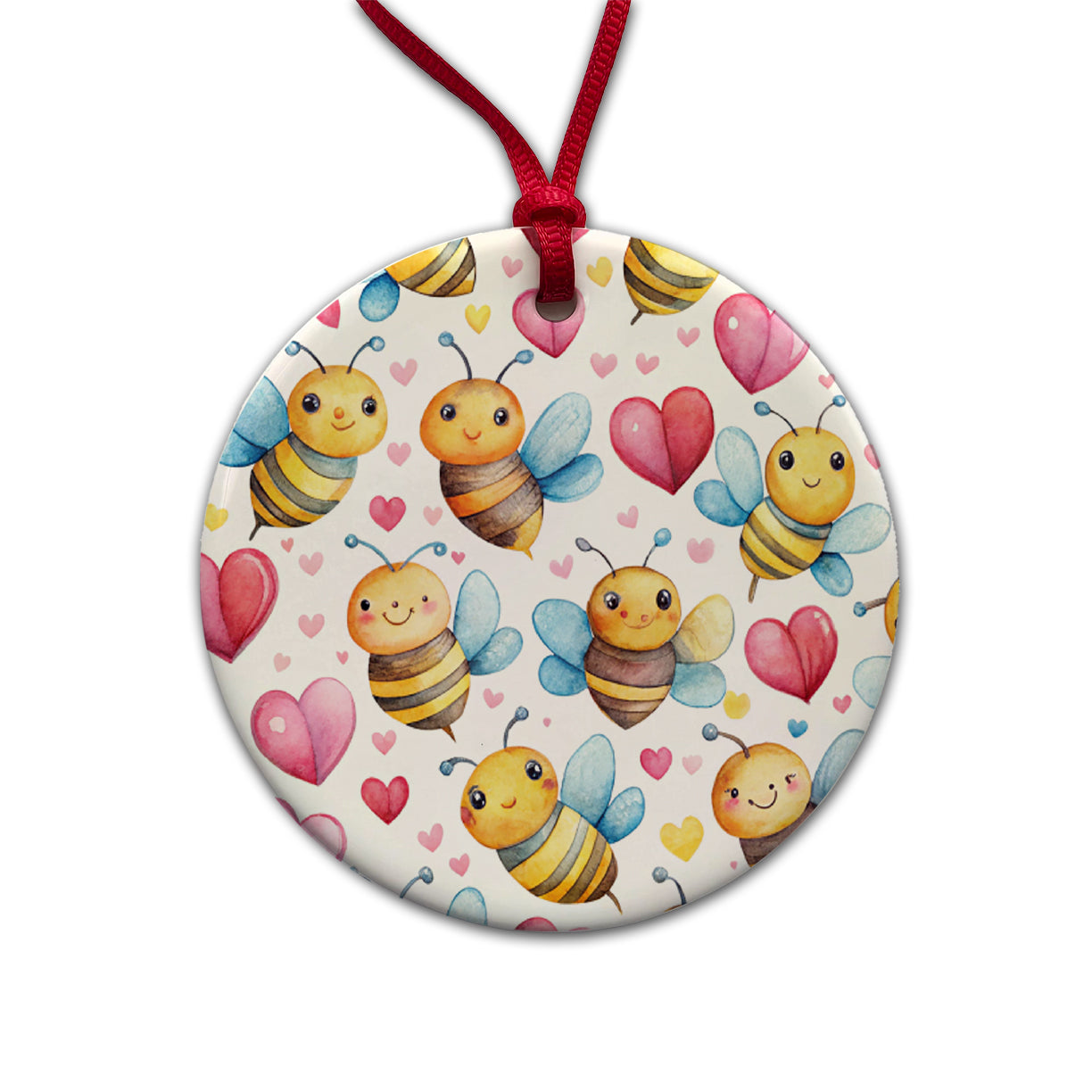 Cute Bees Hearts Watercolor Round Ceramic Holiday Christmas Tree Ornament