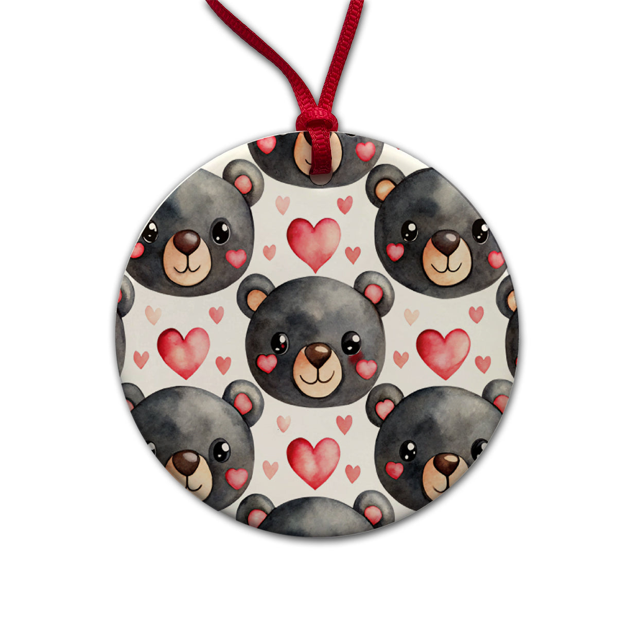 Cute Black Bear Faces Hearts Round Ceramic Holiday Christmas Tree Ornament