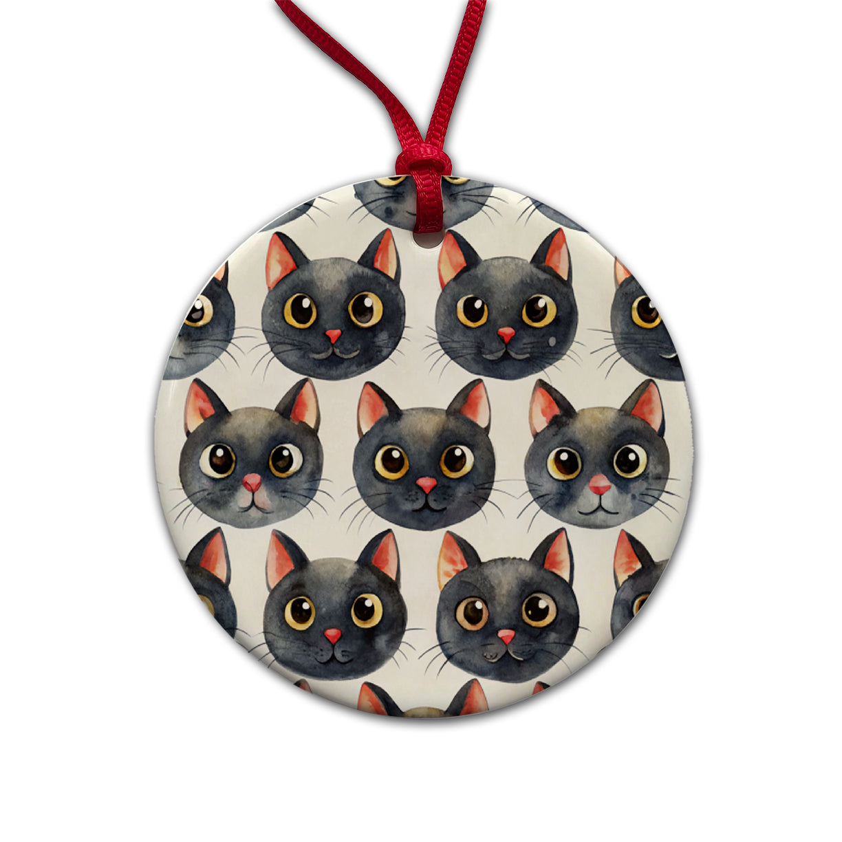 Cute Black Cat Faces Watercolor Round Ceramic Holiday Christmas Tree Ornament