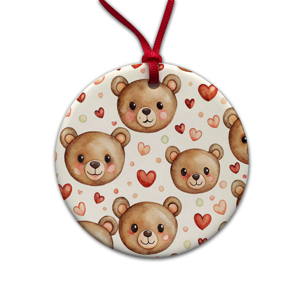 Cute Brown Bear Faces Hearts Round Ceramic Holiday Christmas Tree Ornament