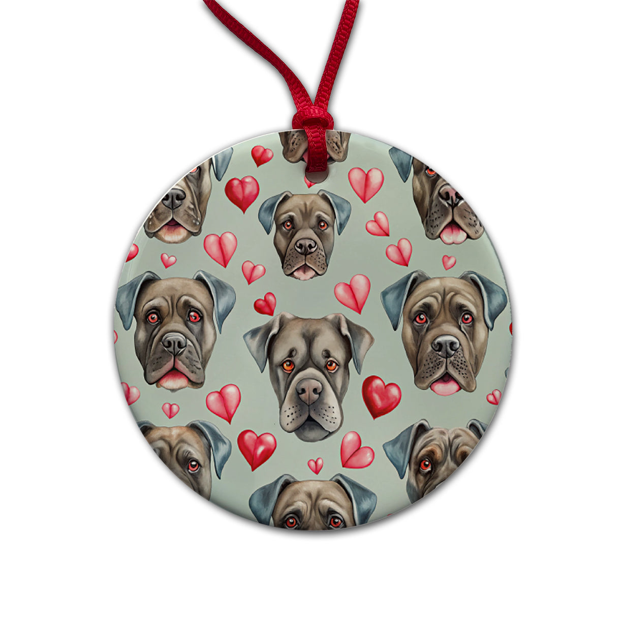 Cute Cane Corso Dog Faces Hearts Round Ceramic Holiday Christmas Tree Ornament