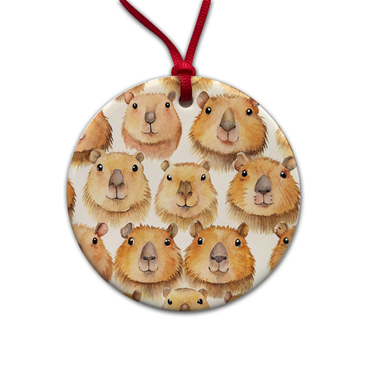 Cute Capybara Faces Watercolor Round Ceramic Holiday Christmas Tree Ornament