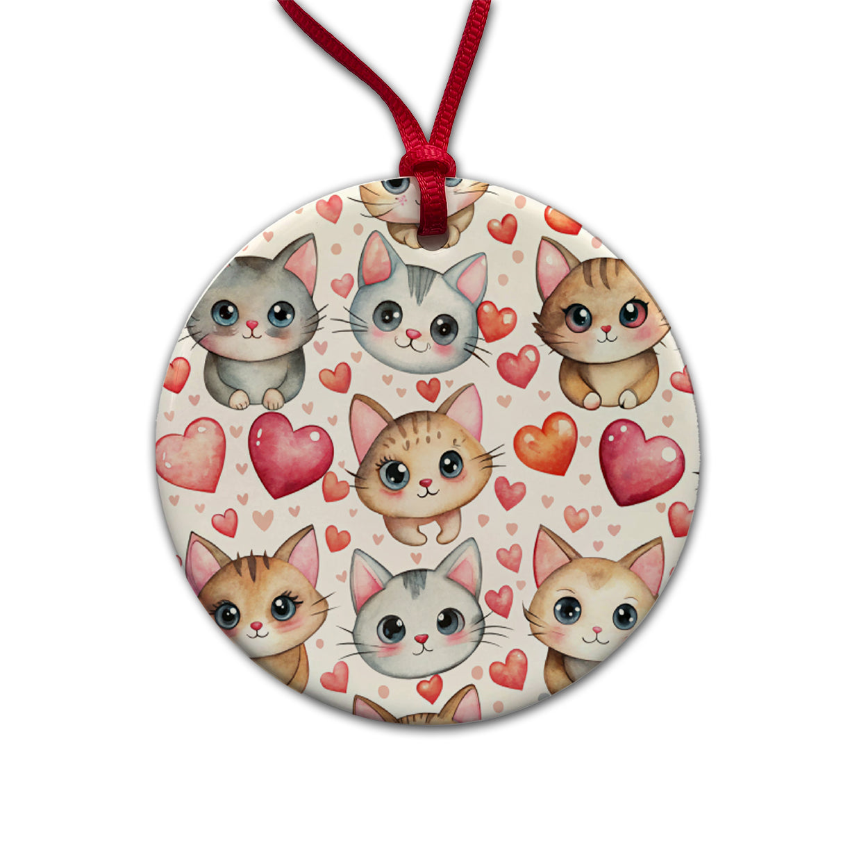 Cute Cats Hearts Watercolor Round Ceramic Holiday Christmas Tree Ornament