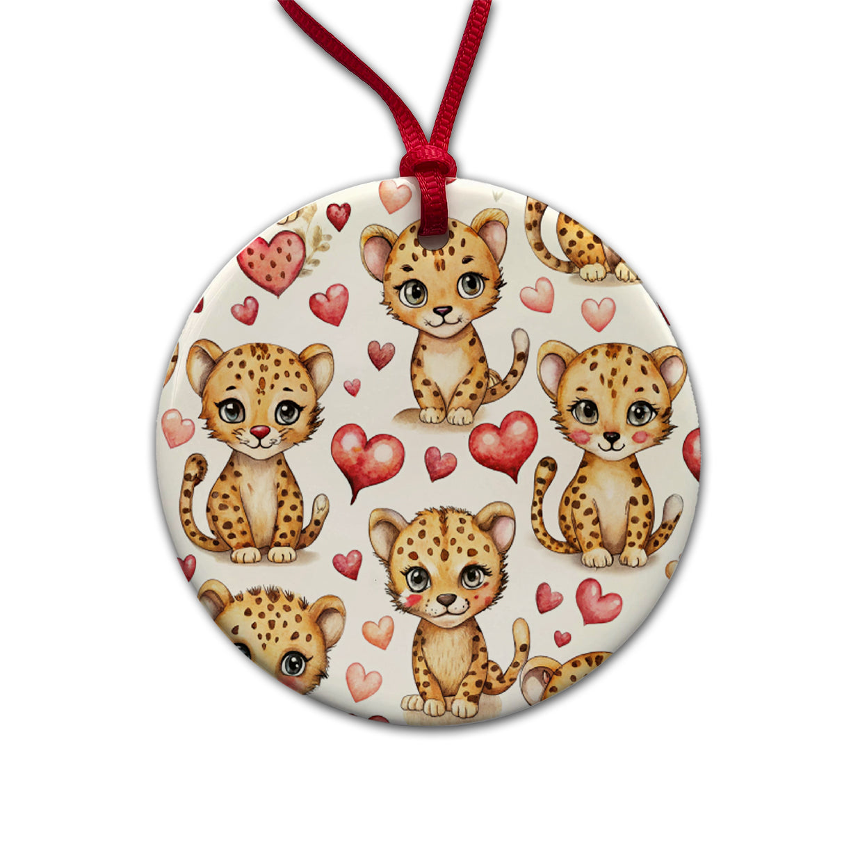 Cute Cheetahs Hearts Watercolor Round Ceramic Holiday Christmas Tree Ornament