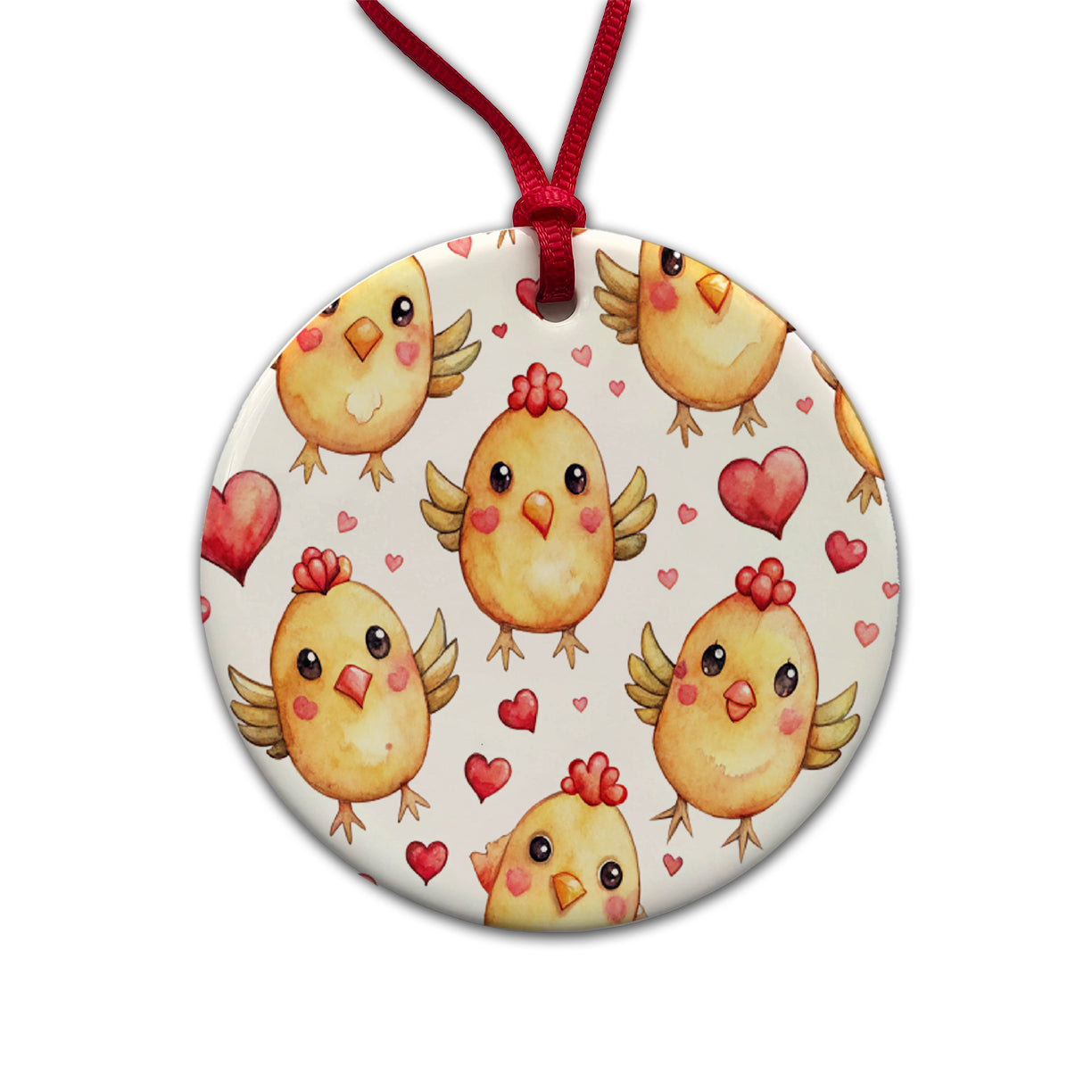 Cute Chickens Hearts Watercolor Round Ceramic Holiday Christmas Tree Ornament