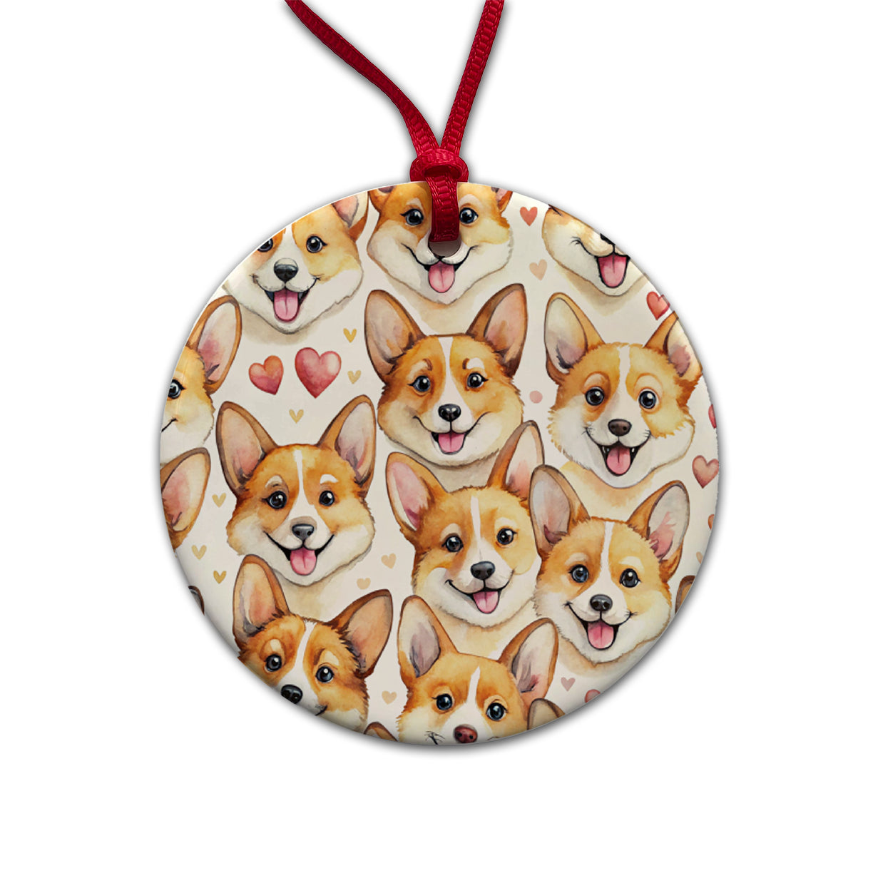 Cute Corgi Dog Faces Hearts Round Ceramic Holiday Christmas Tree Ornament