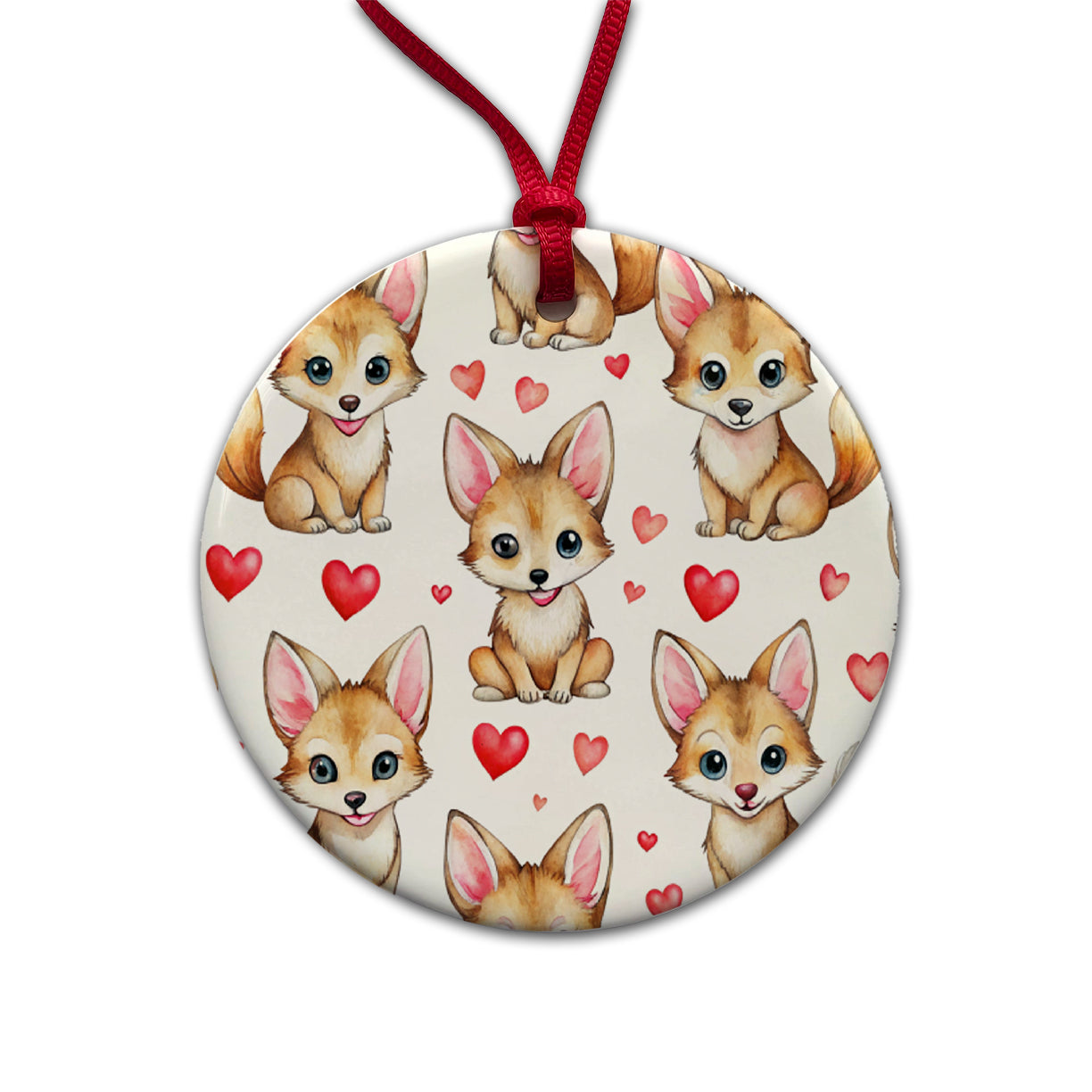 Cute Coyotes Hearts Watercolor Round Ceramic Holiday Christmas Tree Ornament