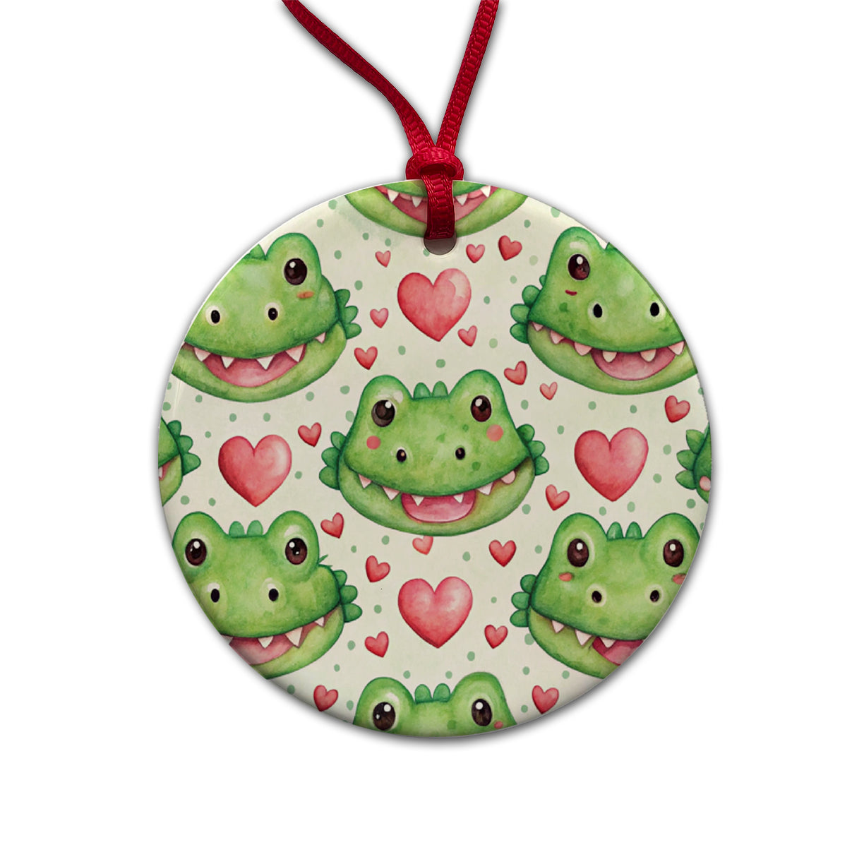 Cute Crocodile Alligator Faces Hearts Round Ceramic Holiday Christmas Tree Ornament