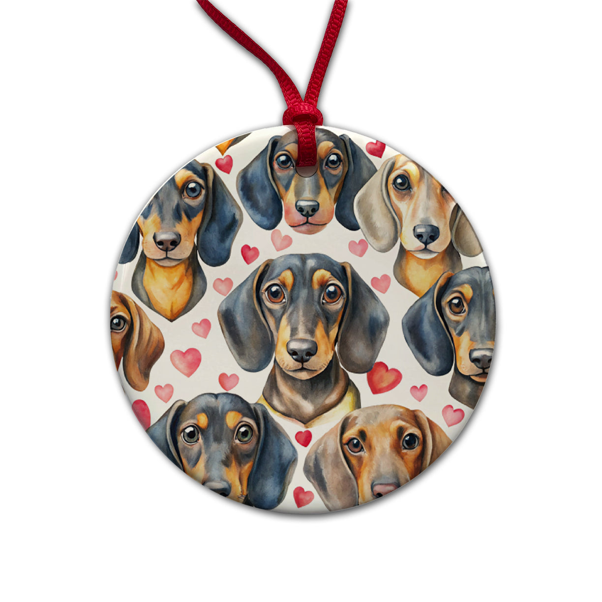 Cute Dachshund Dog Faces Hearts Round Ceramic Holiday Christmas Tree Ornament