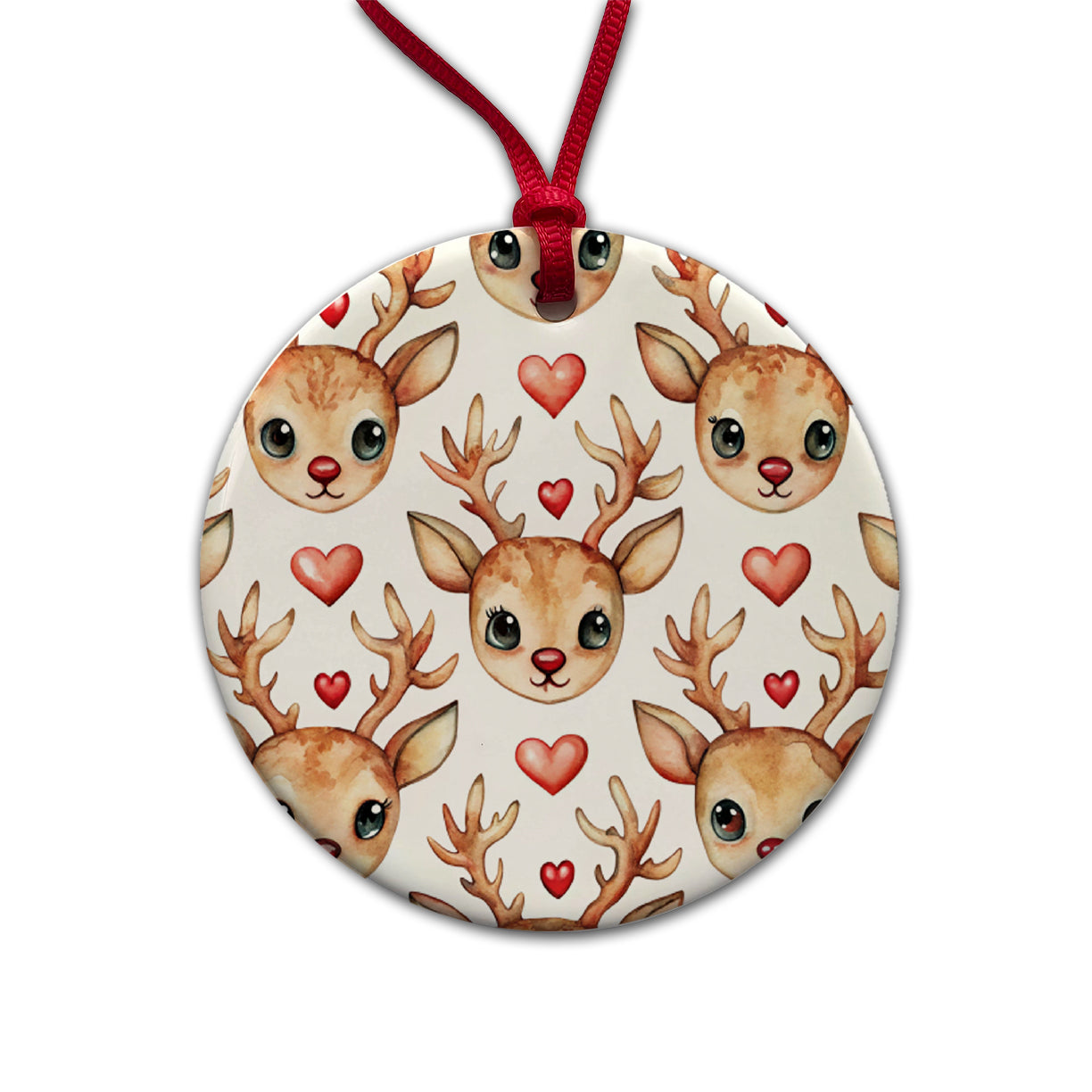 Cute Deer Faces Hearts Watercolor Round Ceramic Holiday Christmas Tree Ornament