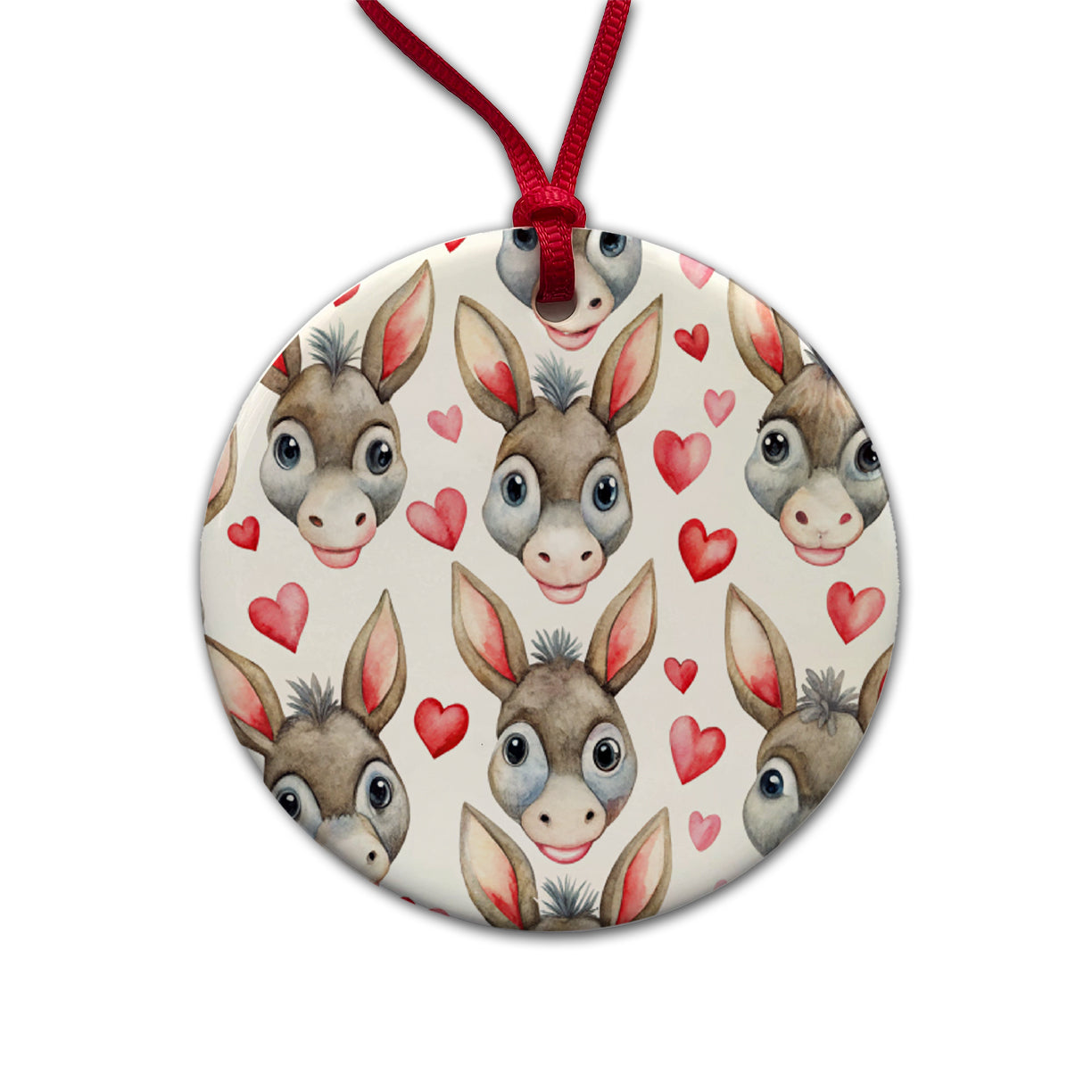 Cute Donkey Faces Hearts Watercolor Round Ceramic Holiday Christmas Tree Ornament