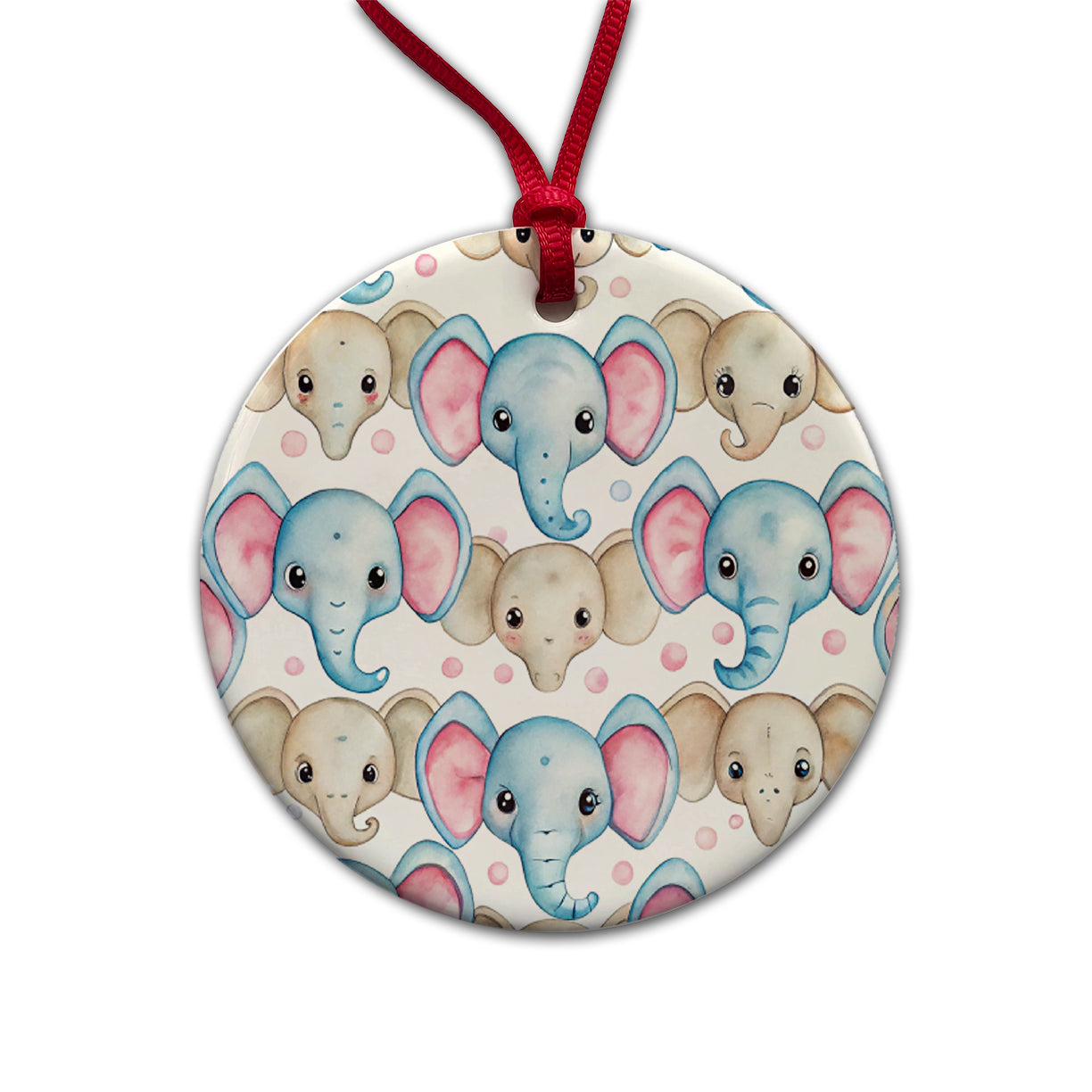 Cute Elephant Faces Watercolor Round Ceramic Holiday Christmas Tree Ornament