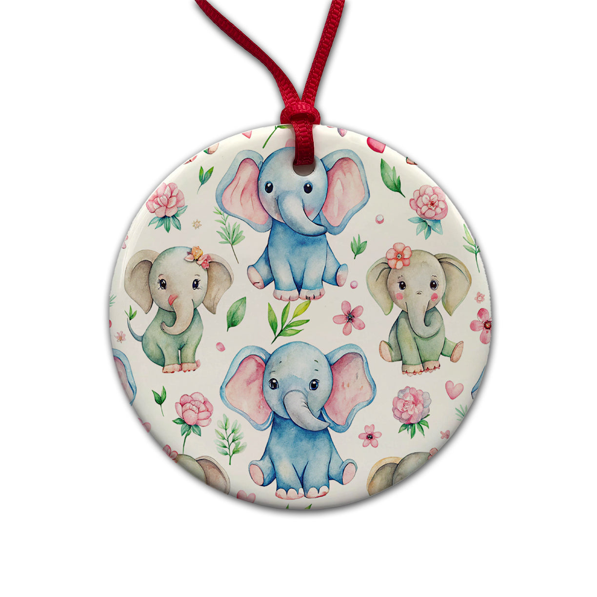 Cute Elephants Hearts Watercolor Round Ceramic Holiday Christmas Tree Ornament