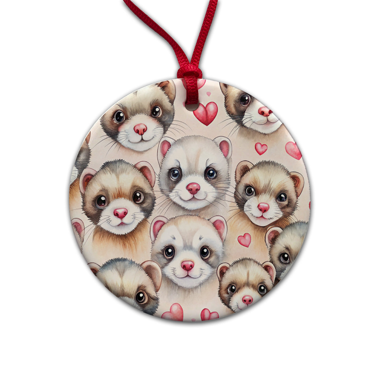 Cute Ferret Faces Hearts Watercolor Round Ceramic Holiday Christmas Tree Ornament