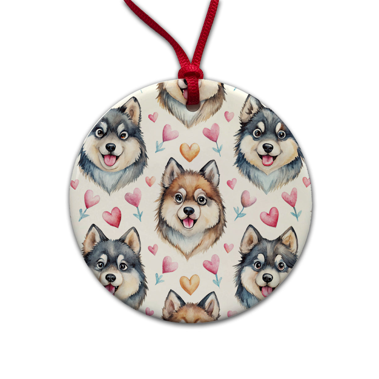 Cute Finnish Lapphund Dog Faces Round Ceramic Holiday Christmas Tree Ornament
