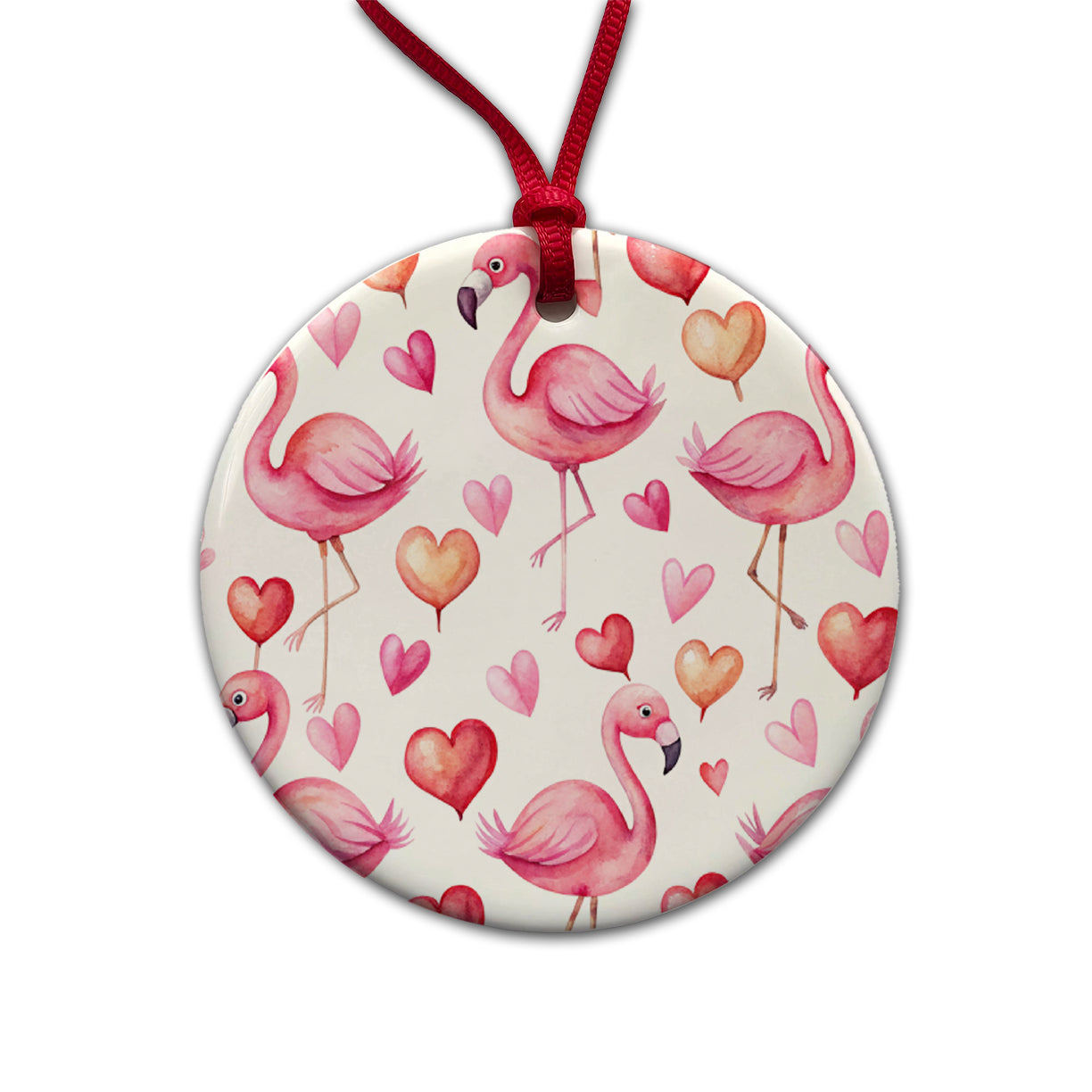 Cute Flamingos Hearts Watercolor Round Ceramic Holiday Christmas Tree Ornament