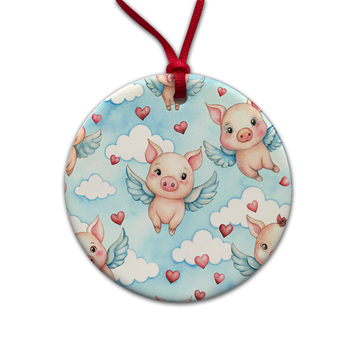 Cute Flying Pigs Hearts Watercolor Round Ceramic Holiday Christmas Tree Ornament