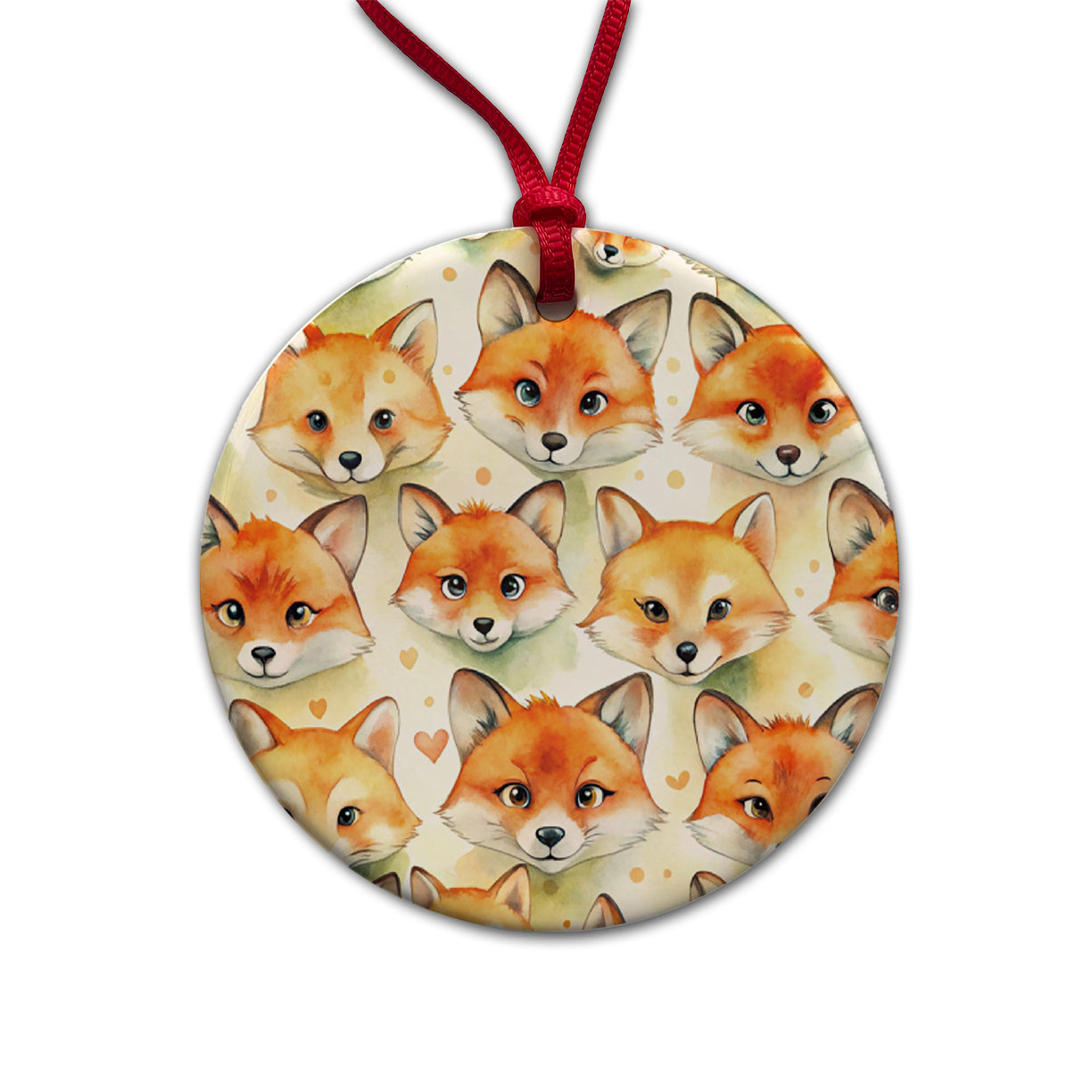Cute Fox Faces Watercolor Round Ceramic Holiday Christmas Tree Ornament