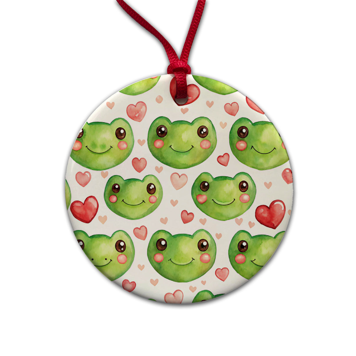 Cute Frog Faces Hearts Watercolor Round Ceramic Holiday Christmas Tree Ornament