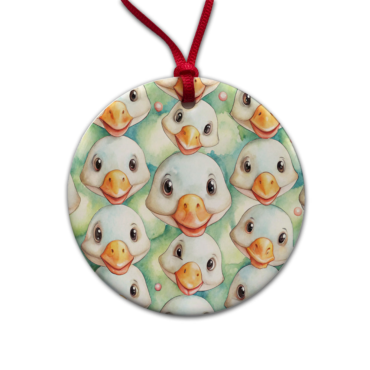 Cute Geese Faces Watercolor Round Ceramic Holiday Christmas Tree Ornament