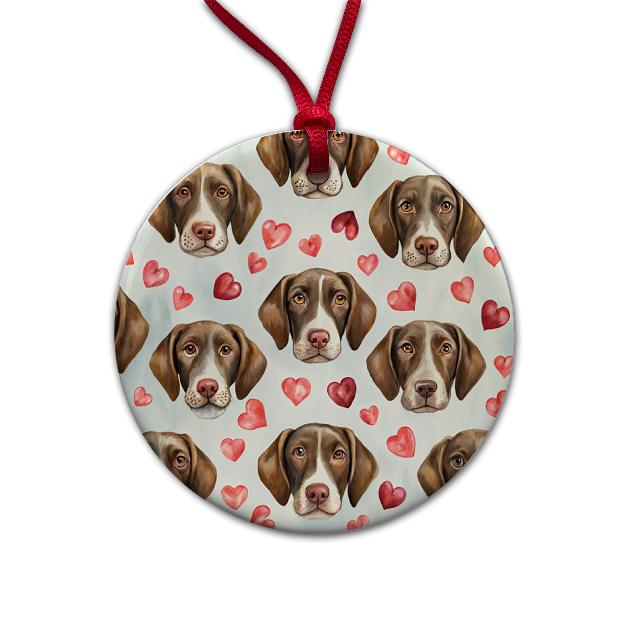 Cute German Shorthaired Pointer Dog Faces Hearts Round Ceramic Holiday Christmas Tree Ornament