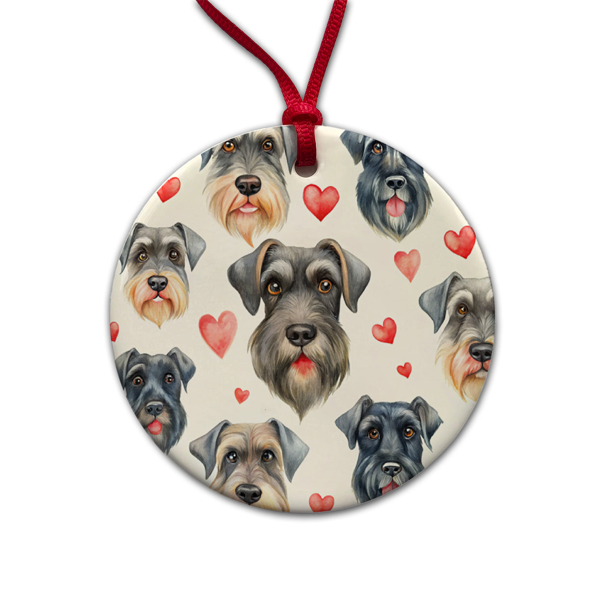 Cute Giant Schnauzer Dog Faces Hearts Round Ceramic Holiday Christmas Tree Ornament