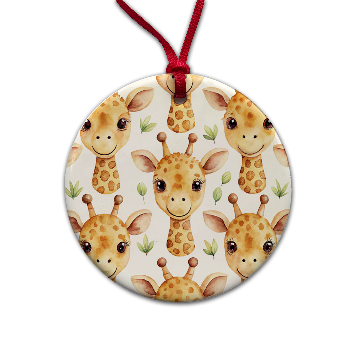 Cute Giraffe Faces Watercolor Round Ceramic Holiday Christmas Tree Ornament