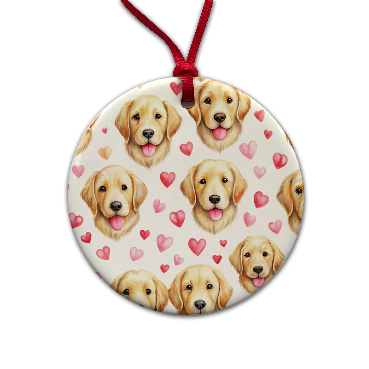 Cute Golden Retriever Dog Faces Hearts Round Ceramic Holiday Christmas Tree Ornament