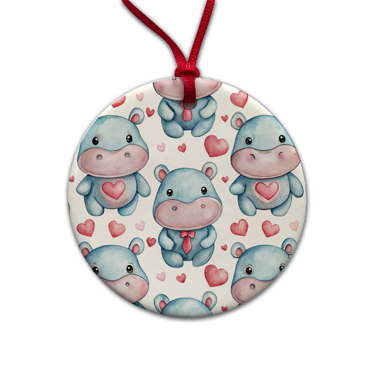 Cute Hippopotamus Hearts Watercolor Round Ceramic Holiday Christmas Tree Ornament