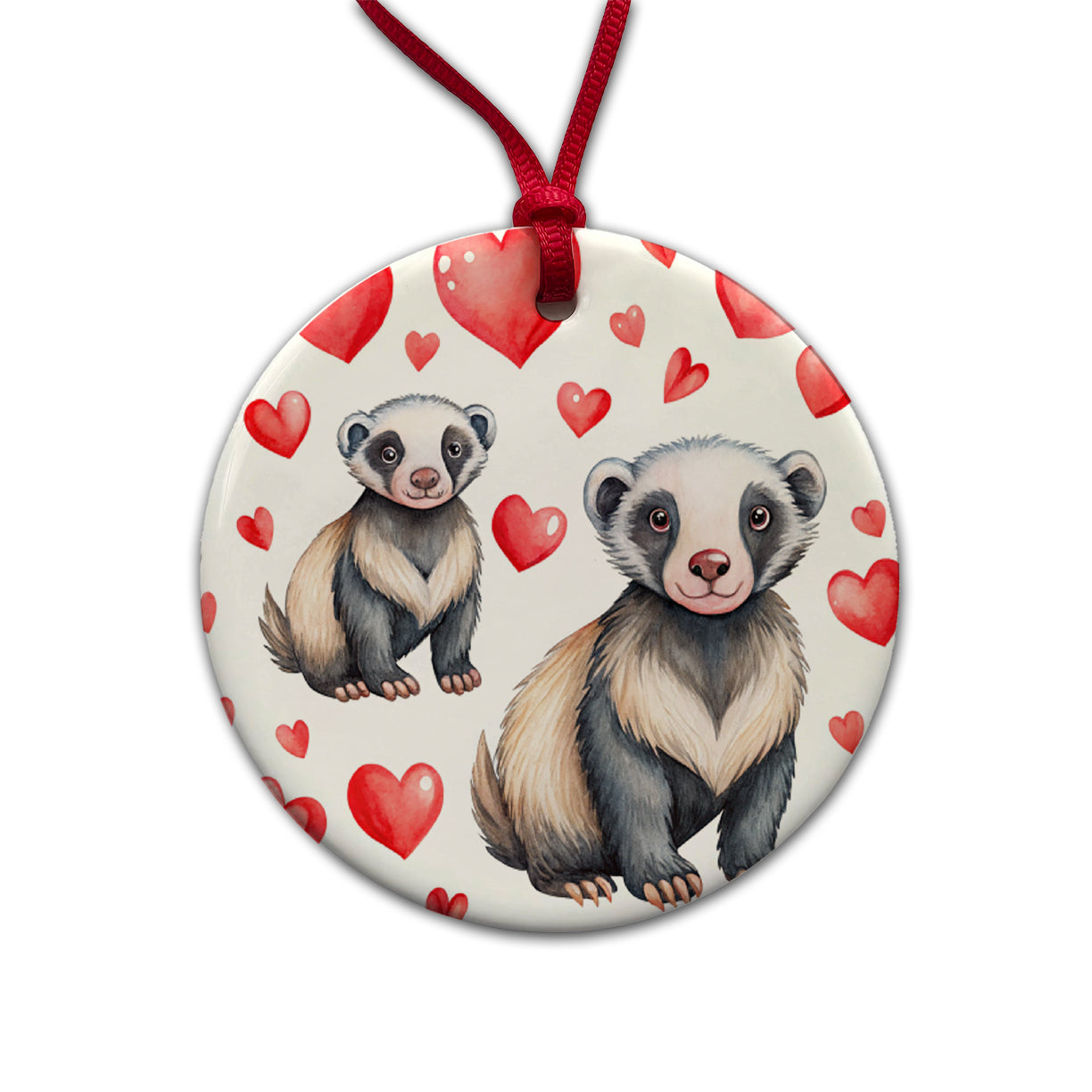 Cute Honey Badger Hearts Watercolor Round Ceramic Holiday Christmas Tree Ornament